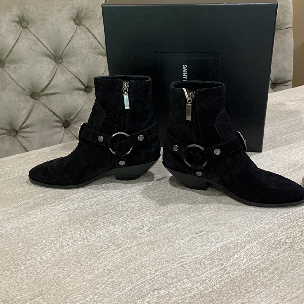 Saint Laurent Western Buckle Suede Booties - Picture 8 of 9